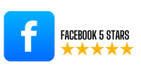 Blue square with a white lowercase f symbol on the left, representing Facebook. To the right, there are six yellow stars, positioned horizontally, against a black background.