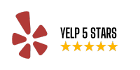A red stylized flower icon next to five yellow stars, arranged in a horizontal line on a black background, indicating a five-star rating.